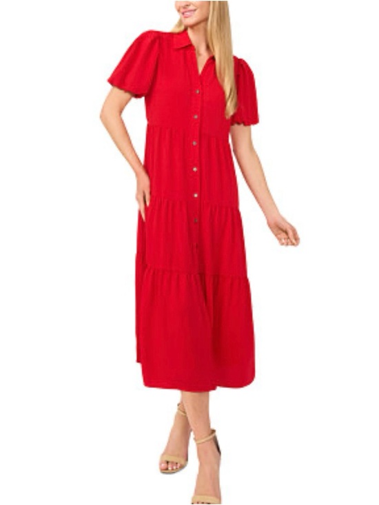 CeCe Dresses & Skirts - CeCe Red Button-Front Tiered Midi Dress